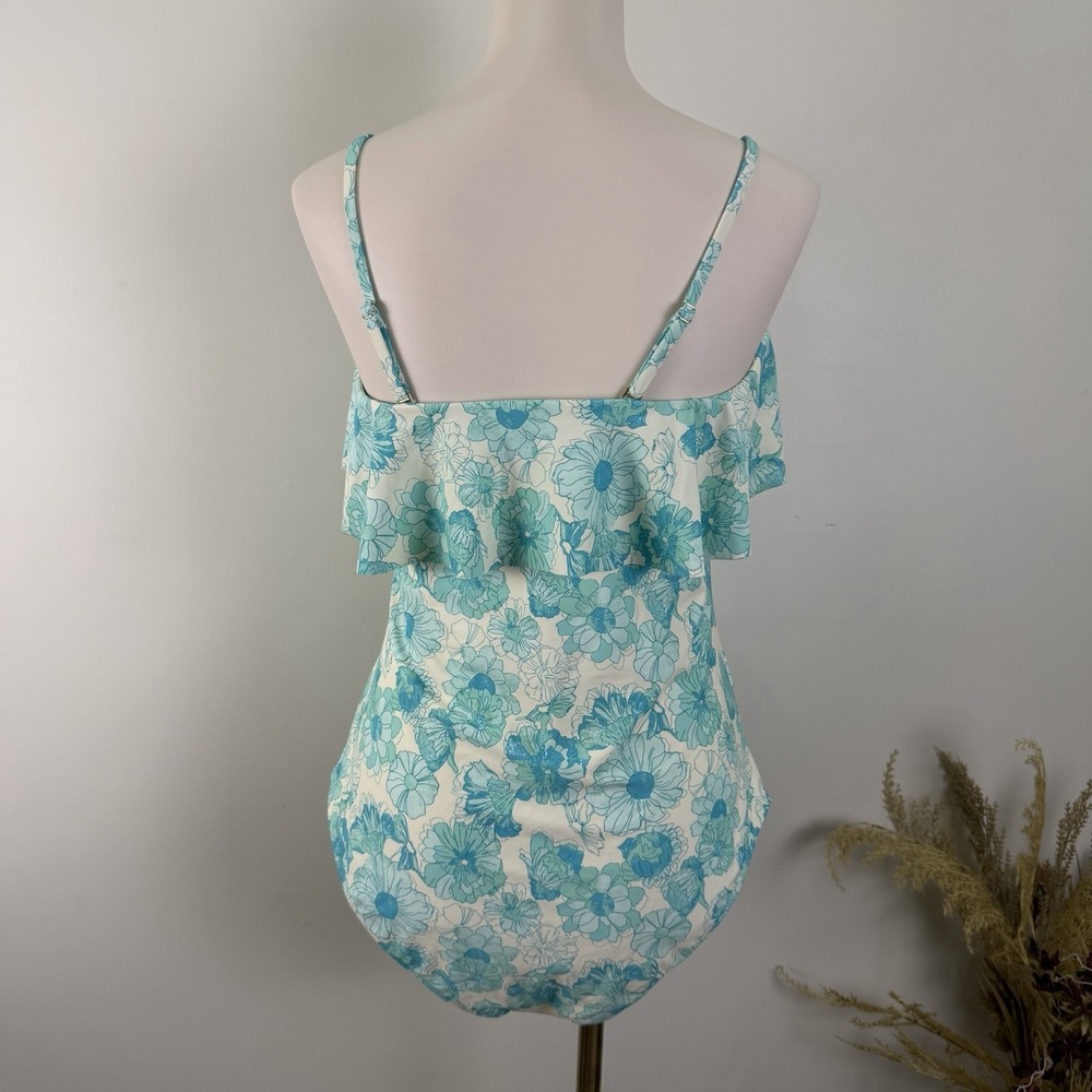 NEW Shade & Shore Womens Large Blue Floral Ruffle Bandeau One Piece Swimsuit - Picture 2 of 9